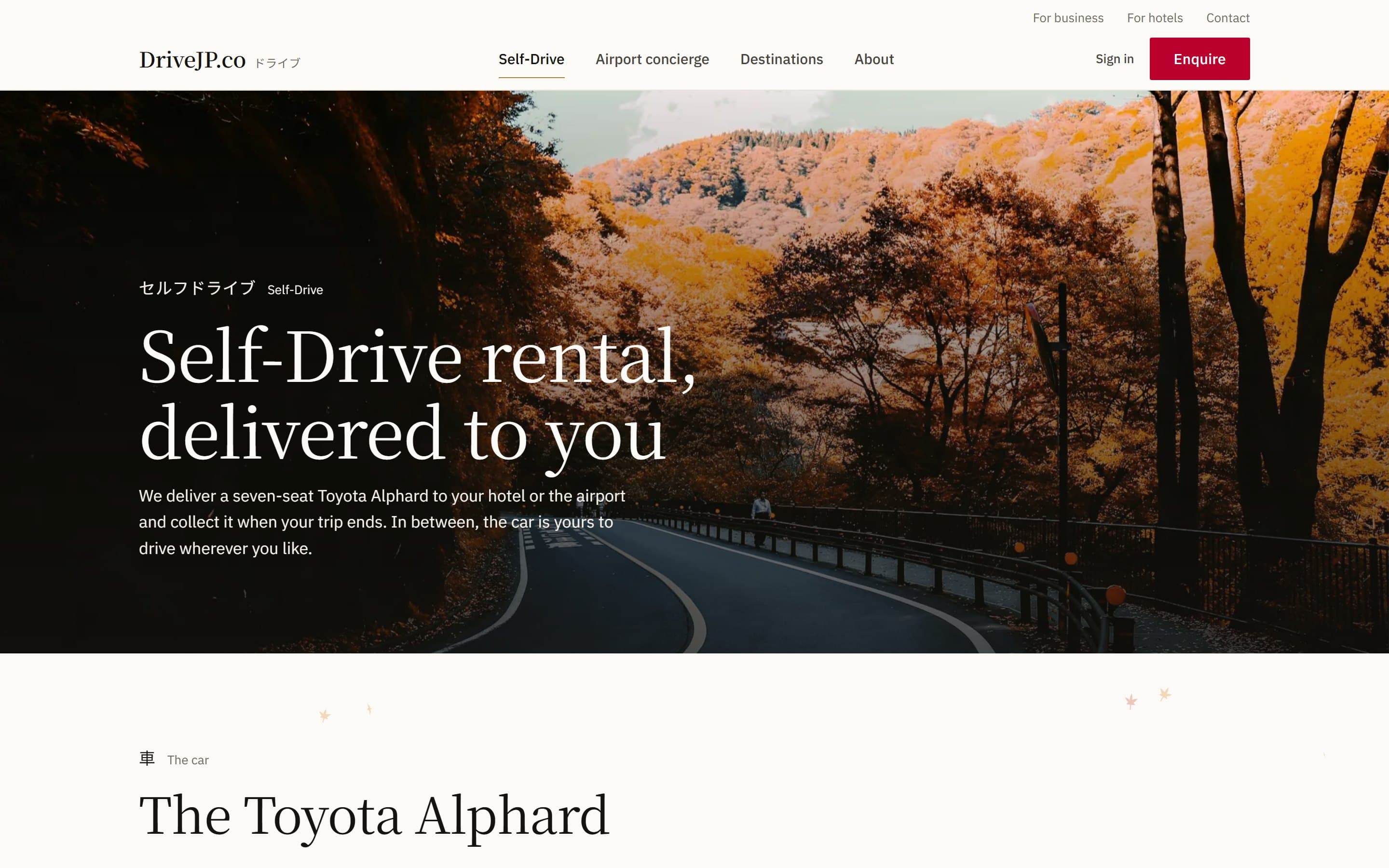 The Self-Drive page of drivejp.co, over a road through autumn trees